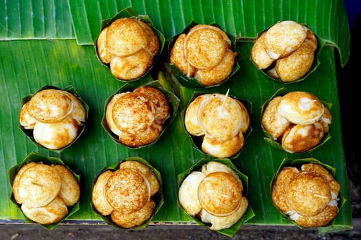 Top view of Sweet and Savory Grilled Coconut-Rice Hotcakes, Coconut Rice Cake, Asian dessert, Thai, Thailand, Luang Prabang, Laos