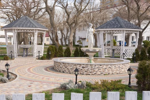 Anapa, Russia - March 9, 2016: Pavilions and fountain as part of the landscaping in the resort &quot Little Bay&quot  in the center of the resort town of Anapa