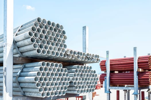 Steel Pipes bunch on the rack in warehouse