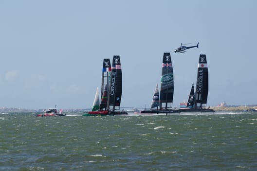 very fast boat sailng in americas cup in the competition in Gothenburg 2015-08-28
