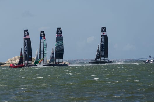 very fast boat sailng in americas cup in the competition in Gothenburg 2015-08-28