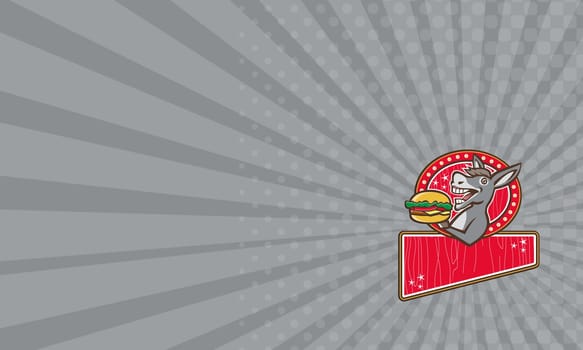 Business card showing illustration of a donkey, ass, mule or horse mascot serving up a hamburger burger sandwich viewed fromt the side set inside rectangle shape with woodgrain done in 1950s retro diner style