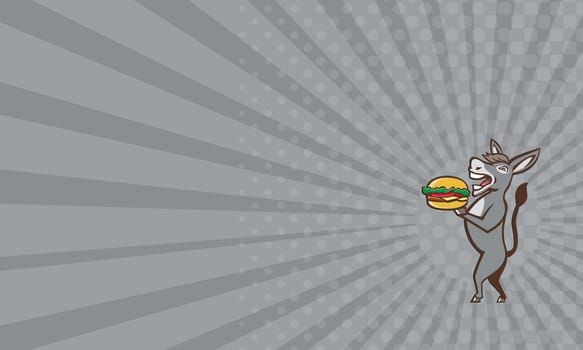 Business card showing illustration of a donkey, ass, mule or horse mascot serving up a hamburger burger sandwich shown in full body viewed from the side set on isolated white background done in retro style.