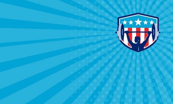 Business card showing illustration of a weightlifter lifting barbell looking to the side viewed from rear set inside shield crest with USA flag stars and stripes in the background done in retro style.