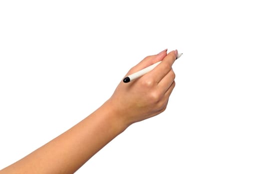 Female hand with pen on a white background.