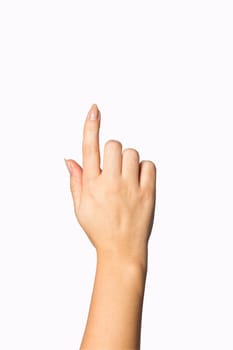 Female caucasian hand gesture of offering help isolated over the white background