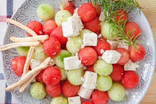 Fresh salad with cucumber,feta and watermelon