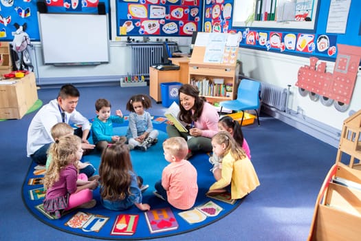 Group of nursery children sitting on the floor in their classroom with their teachers. The female teacher is reading from a book.
