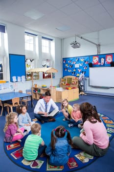Group of nursery children sitting on the floor in their classroom. The male teacher is reading from a book.