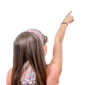 preteen girl shows with his finger isolated on white background