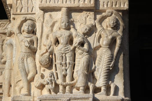 Gorgeous, charming sculpture on stone pillar of Jagadeesh Temple, Udaipur, Rajasthan, India, Asia