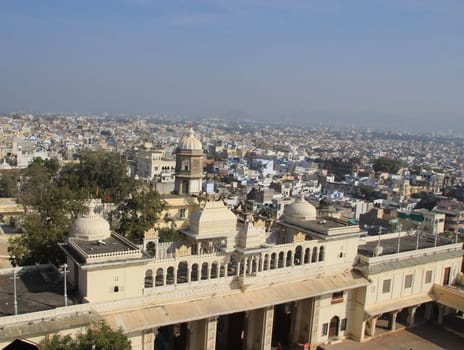 Panoramic view of Udaipur City from top floor of City Palace, Udaipur, Rajasthan, India, Asia