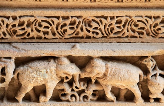 Beautiful carving of elephants on wall at Adalaj Step Well, Ahmedabad, Gujarat, India, Asia