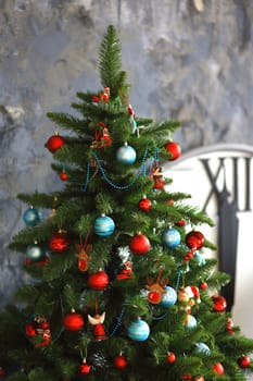 New Year's and Christmas interior with hours, gifts, in red, blue, blue colours