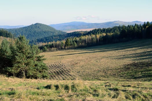 Autumn landscape with forest and field in Slovakia