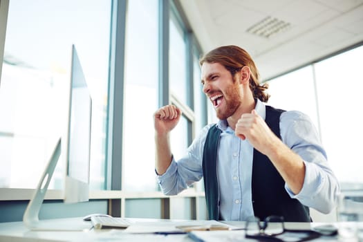 Ecstatic young businessman expressing great satisfaction while looking at computer monitor