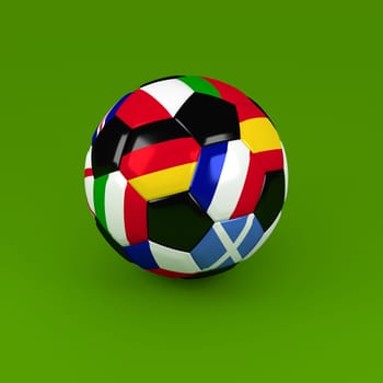 Soccer ball with European flags on a green background, 3d rendering