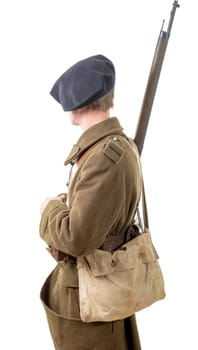 40s french soldier, side view isolated on white background