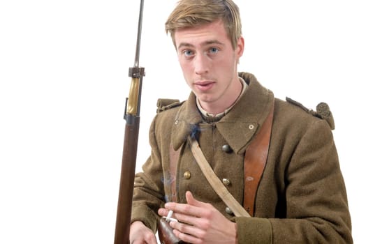 40s french soldier with cigarette isolated on white background