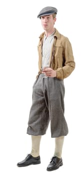 Young man with clothes and cap in 40s style isolated on white background