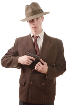 a gangster in a suit vintage, with handgun on white background