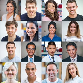 Collage made of sixteen headshots of adults. They are a mix of genders, ages and ethnicities.