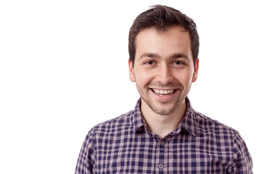 Young handsome man smiling on white background