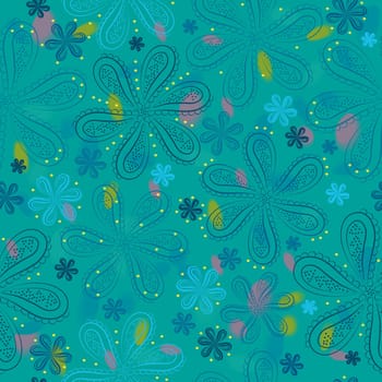 Flowers with watercolor background.  Illustration. Blue floral seamless pattern