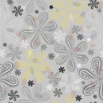 Gray and yellow flowers with watercolor background.  illustration. Gray floral seamless pattern.