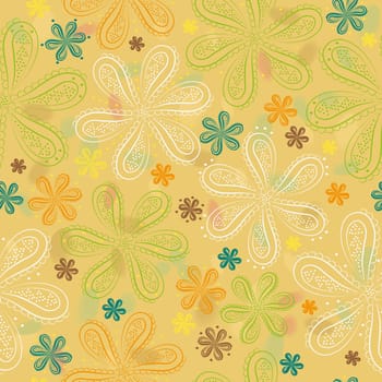 White, green, brown and orange flowers with watercolor background.  illustration. Yellow floral seamless pattern.