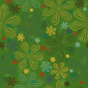 Yellow, red and green flowers with watercolor background. Green floral seamless pattern