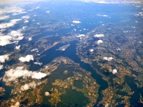 Lake Constance / Bodensee - aerial view during flight. View of Untersee with island Reichenau and Rhein delta.