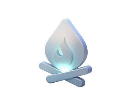 A modern and sleek holographic 3D icon of a campfire, featuring a glowing flame design atop crossed logs, isolated on white background. Ideal for outdoor, camping, or adventure-themed designs.