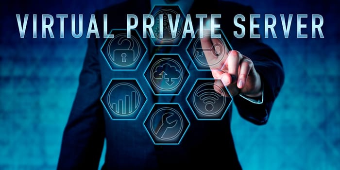 Administrator pressing VIRTUAL PRIVATE SERVER on an interactive control monitor. Business metaphor and computer network security concept for a virtual machine licensed from a hosting service.