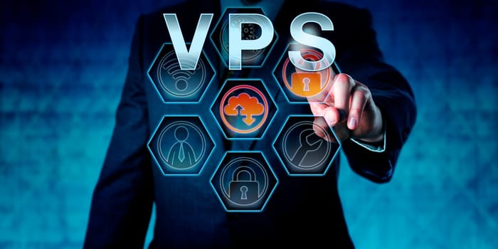 Corporate service provider is pressing VPS on virtual interactive touch screen interface. Business metaphor. Web hosting and computer network security concept for server virtualization.