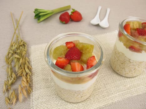 Overnight oats with cottage cheese,rhubarb and strawberries