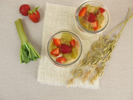 Overnight oats with cottage cheese,rhubarb and strawberries