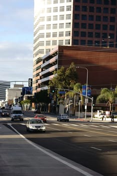 Los Angeles,United States – December 27,2015: The World Savings high-rise as well as office building and shopping malls on Wilshire Boulevard with traffic on December 27,2015 in Los Angeles.