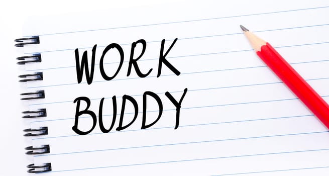 Work Buddy written on notebook page with red pencil on the right