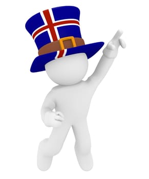 Jumping man with a hat of Iceland on a white background