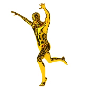 Golden runner raise his arms, first place concept, 3d rendering on white
