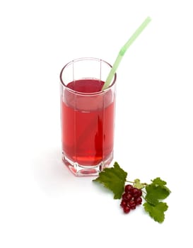 tall glass of juice and nearby branch of red currant, subject drinks