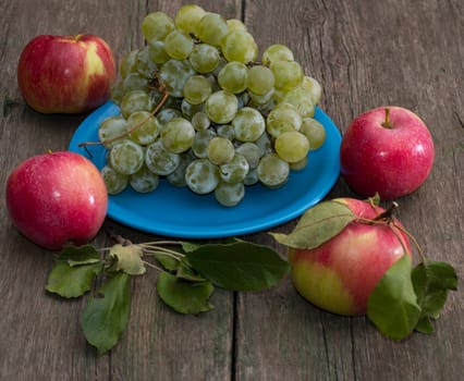 still life plate of grapes and four apples, subject summer fruit