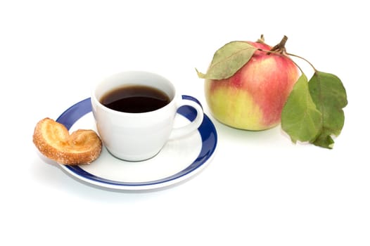 cup of coffee, one baking and apple, isolate, still life on a subject food and drinks