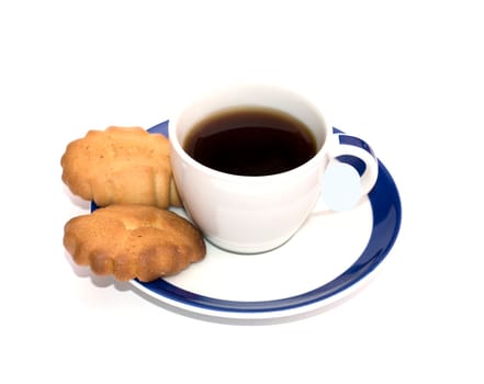 cup with black coffee and two cookies on a saucer, the isolated image a subject food and drinks
