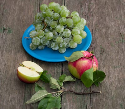 still life a plate with grapes and two apples on a table, a subject fruit of fall
