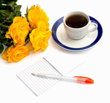 still life cup of black coffee, notebook and bouquet of yellow roses, subject festive cards, drinks