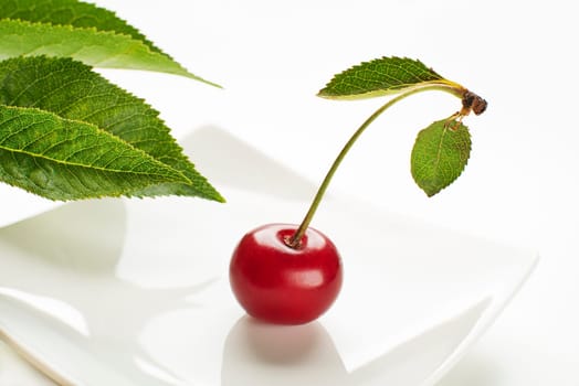 Fresh red cherry with leaf on a white background close up