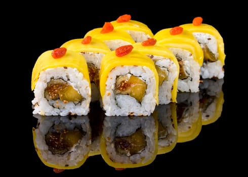 Sushi set over black background