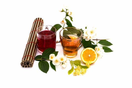 rug, two mugs drinks and flower branch, still life, isolate, subject flowers and drinks